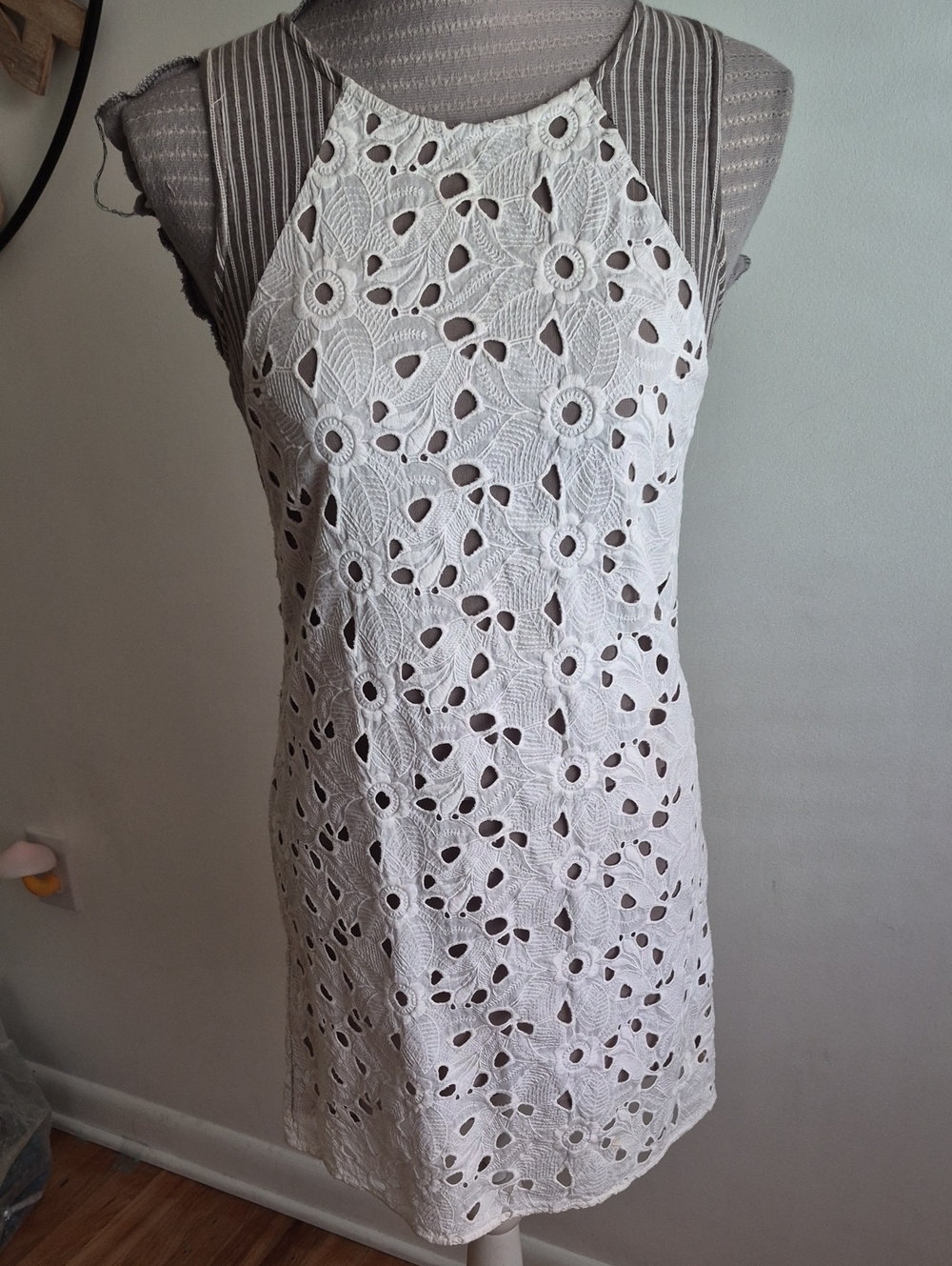 San & Soni-Sleeveless White Eyelet Shift Dress with Taupe Striped Panels